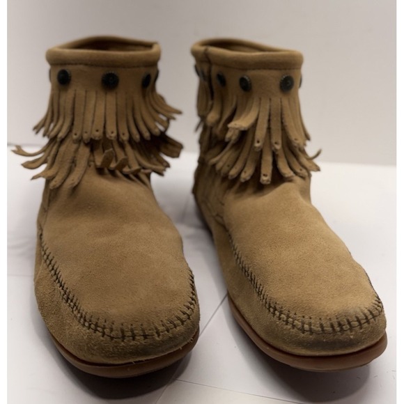 Minnetonka Shoes - Minnetonka Brown Suede Moccasins, Size 10 with Fringed Booties and Zip Ankle